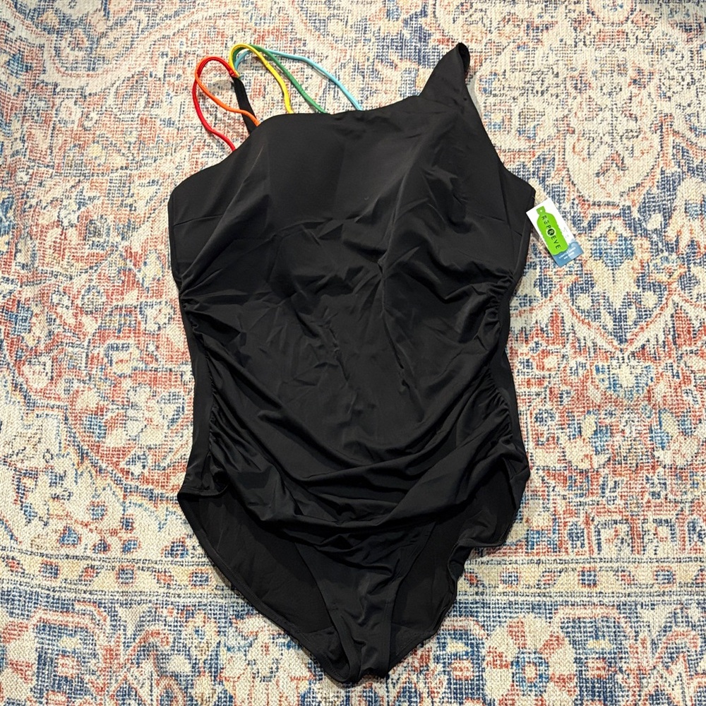 Cacique Rainbow Strap Solid Black Lightly Lined One Piece Swimsuit SZ 24 NWT - Picture 3 of 5